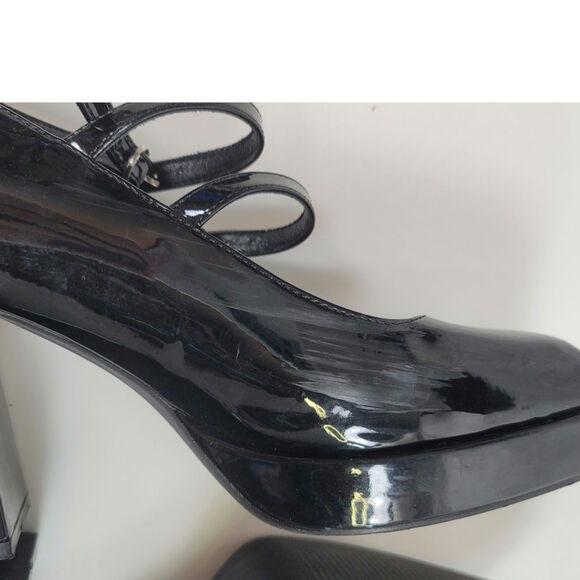 CIDER CHUNKY HEELED TRIPLE STRAP MARY JANES IN PATENT BLACK FAUX LEATHER, SZ 9 - Picture 10 of 16